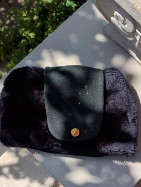 Men’s Black Faux Fur Military Hat with Green Flap